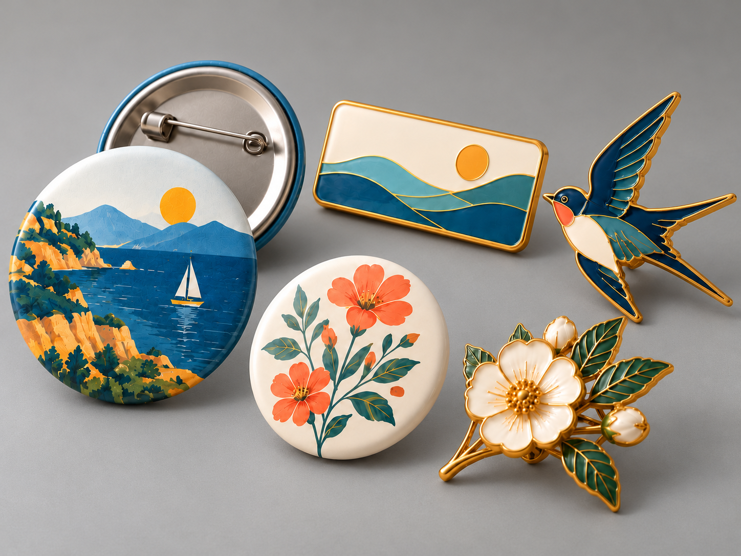 Badges and pins displayed as a coordinated souvenir collection