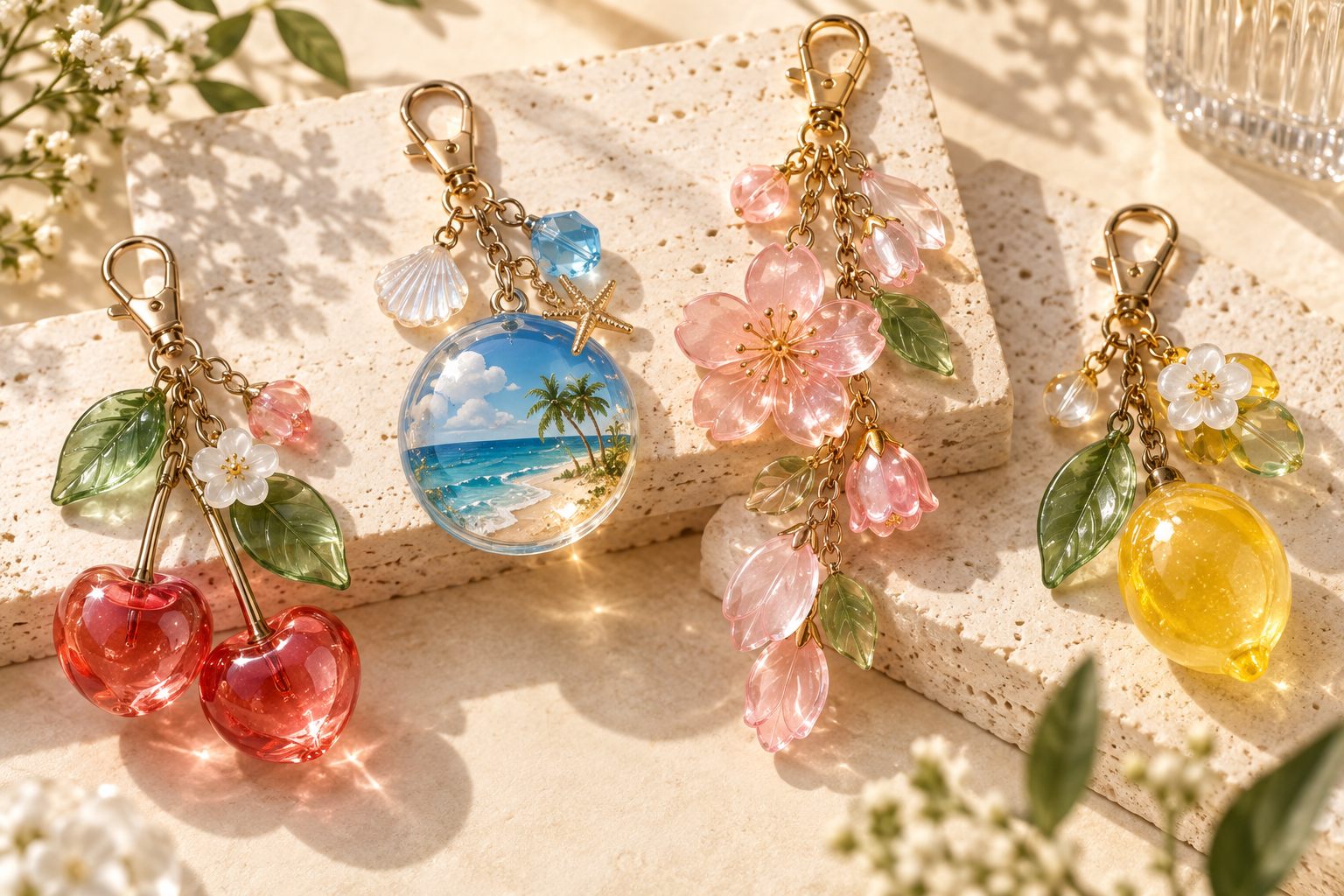Acrylic and resin statement bag charm assortment