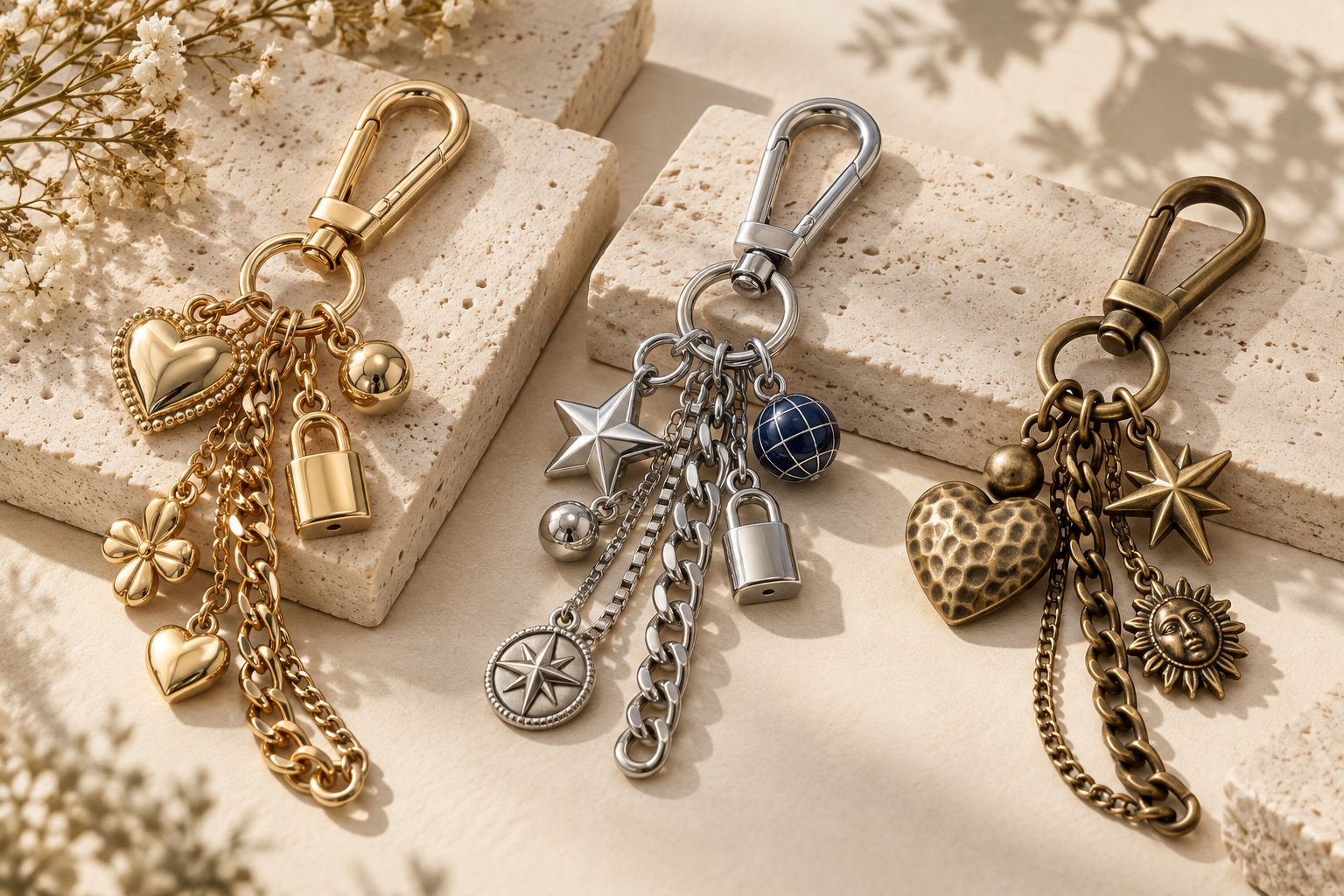 Metal chain and pendant bag charm assortment