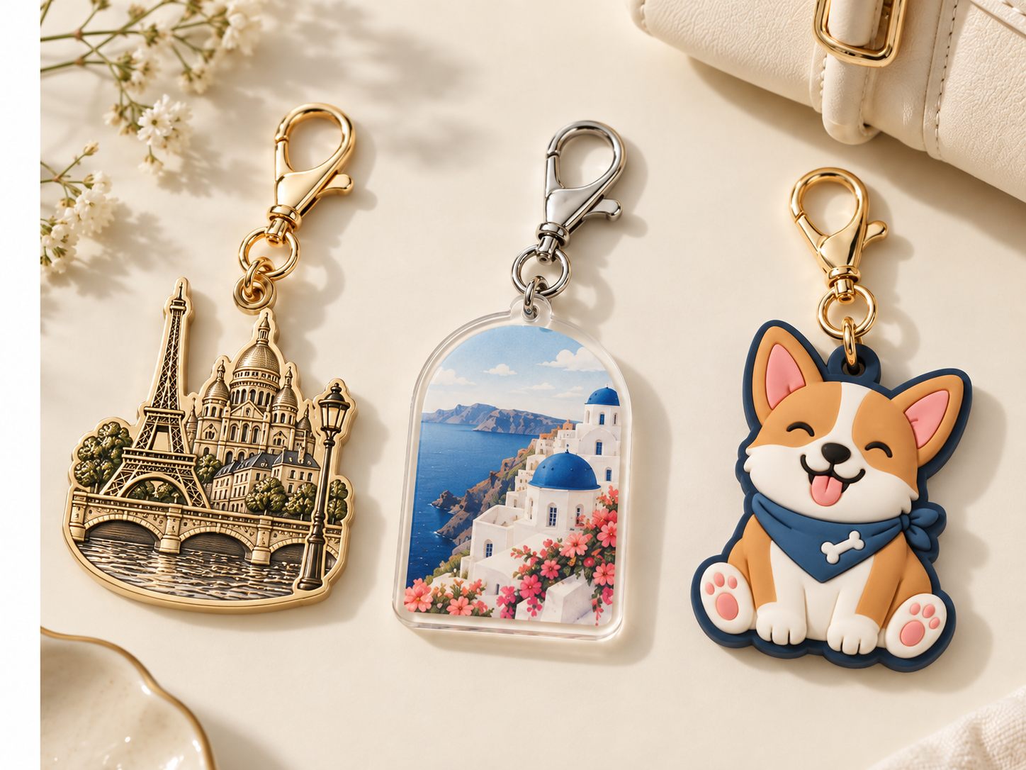 Metal acrylic and PVC keychain material styles with clasps