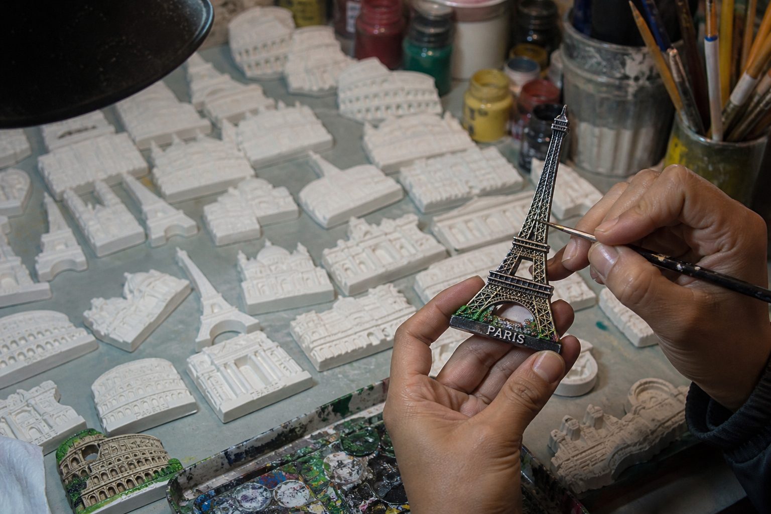 Craftsperson hand-painting 3D resin fridge magnets in a souvenir factory workshop