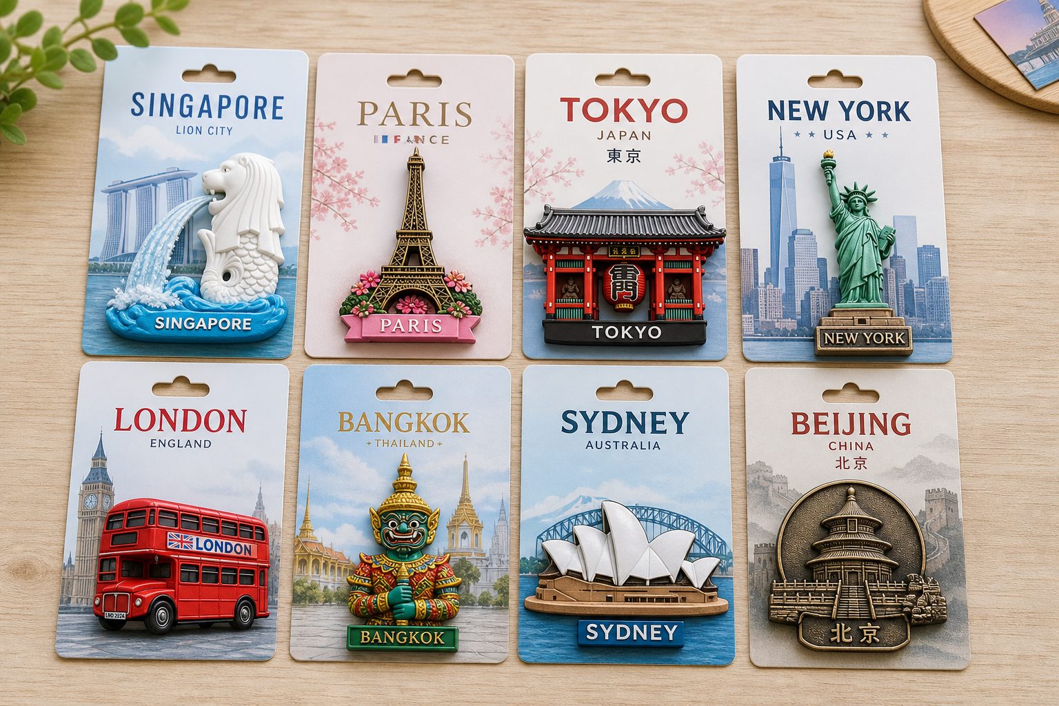 Custom fridge magnets finished and packaged for retail with printed backing cards showing destination names arranged on a light wooden surface