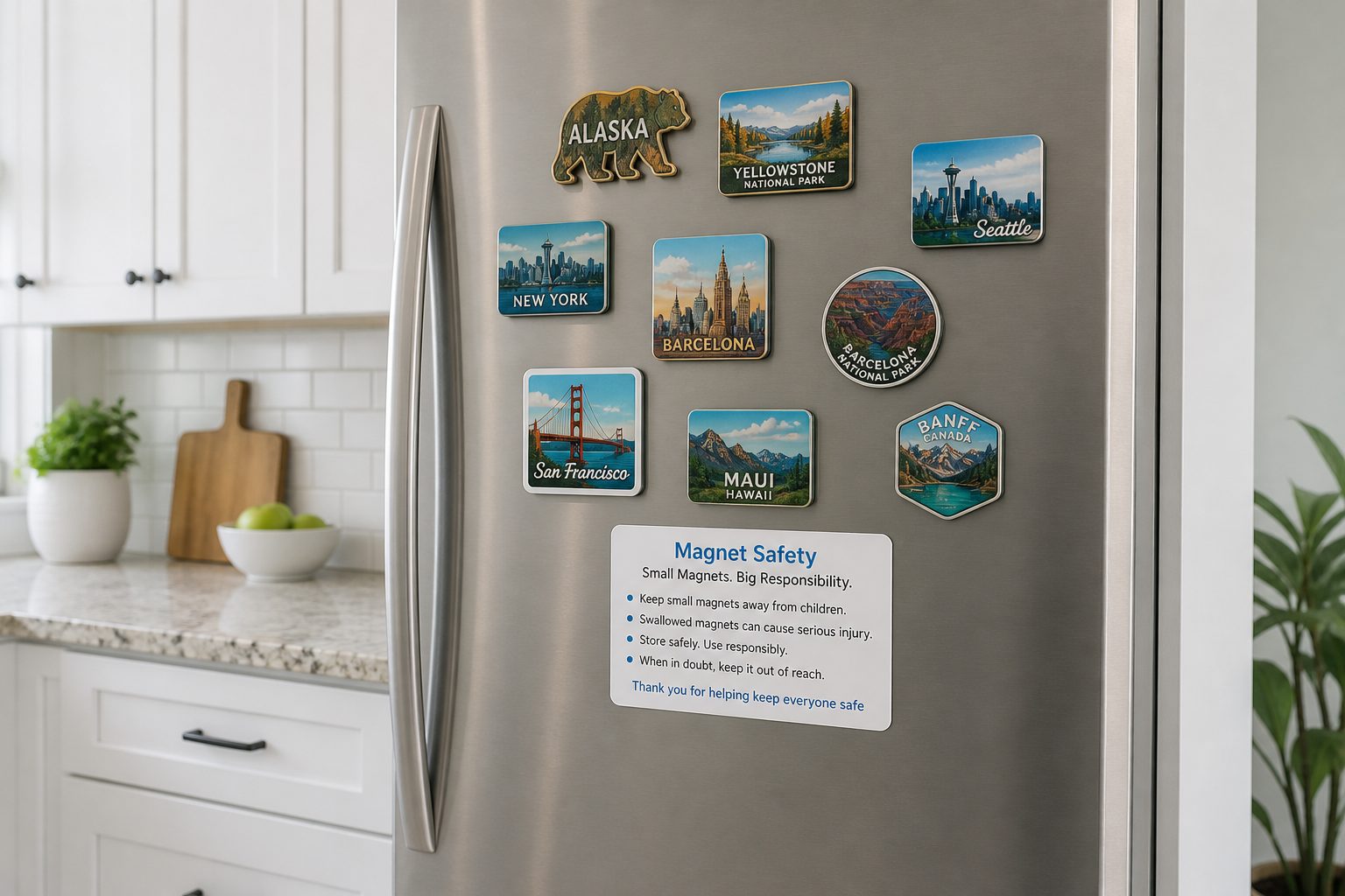 Household refrigerator with decorative souvenir magnets showing safe placement