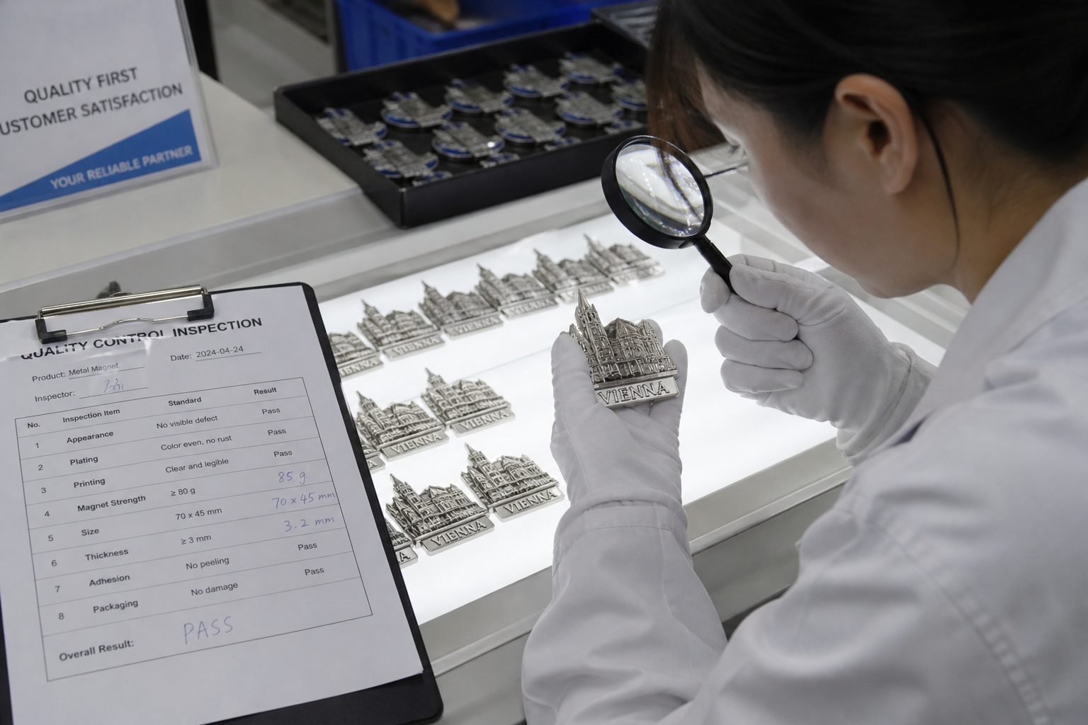 Quality control inspector in white gloves examining a metal fridge magnet under magnification in a factory QC room with checklist clipboard