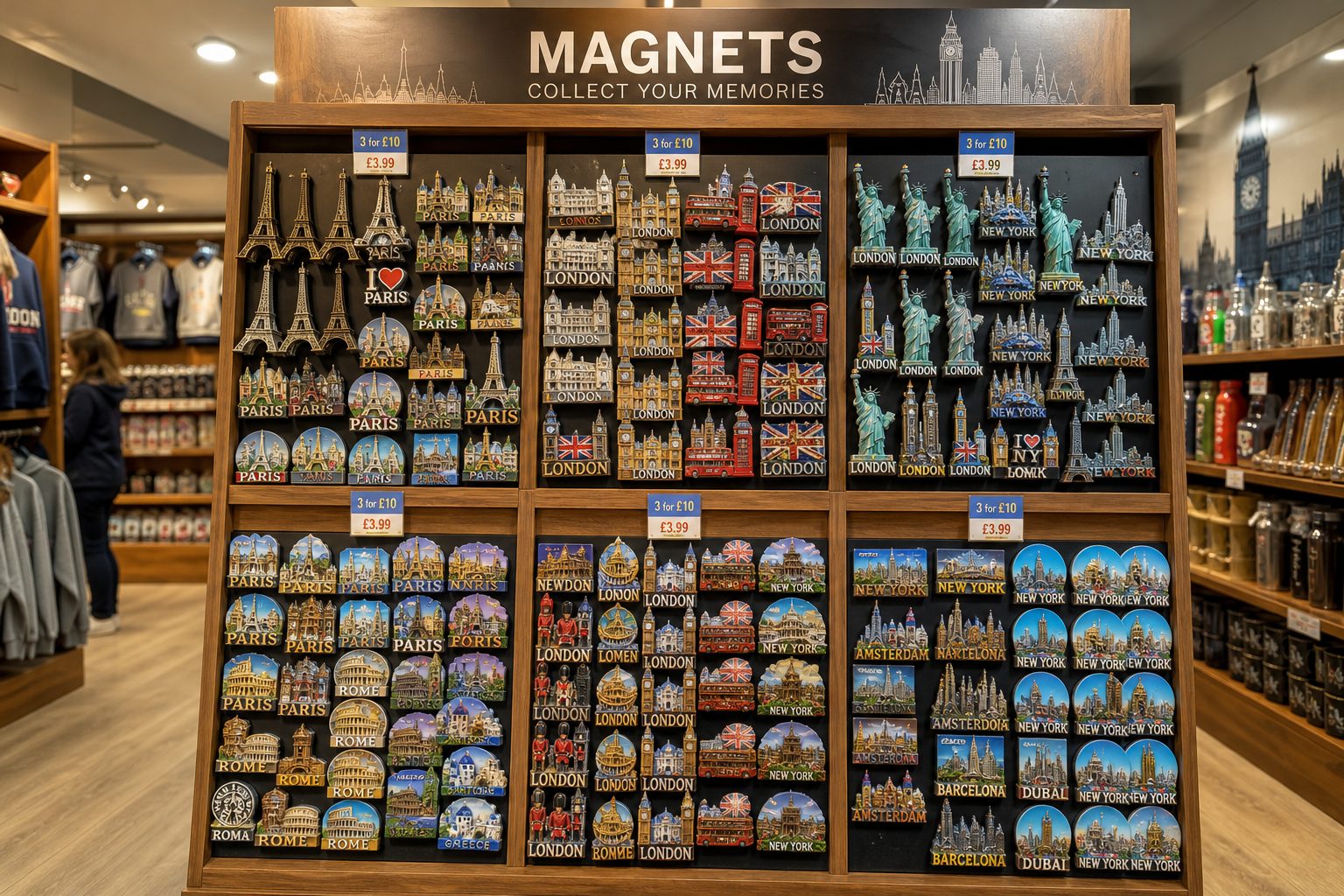 Tourism gift shop interior with destination fridge magnet display wall