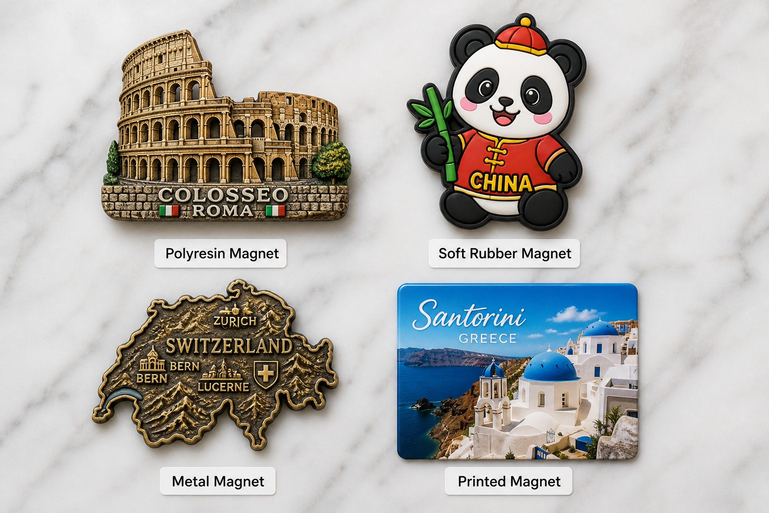 Flat lay showing four types of fridge magnets: 3D polyresin landmark, soft PVC character, metal relief map, and printed flat acrylic magnet