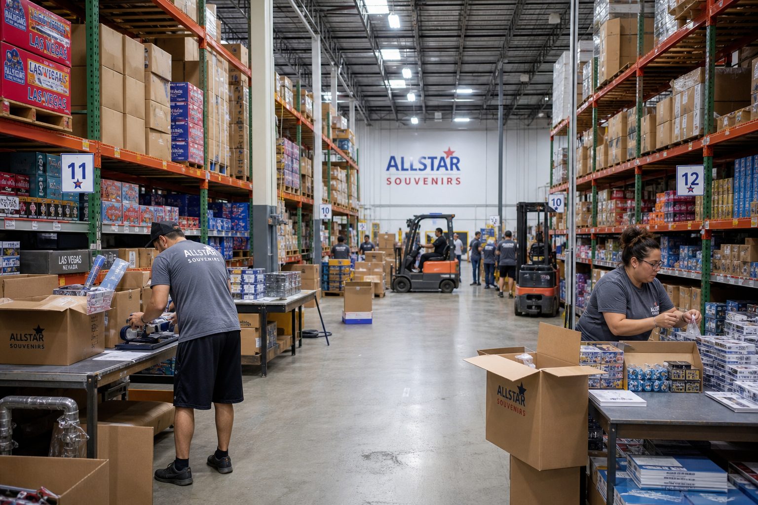 Wholesale souvenir warehouse interior with shelving aisles stocked with boxed products and workers fulfilling orders
