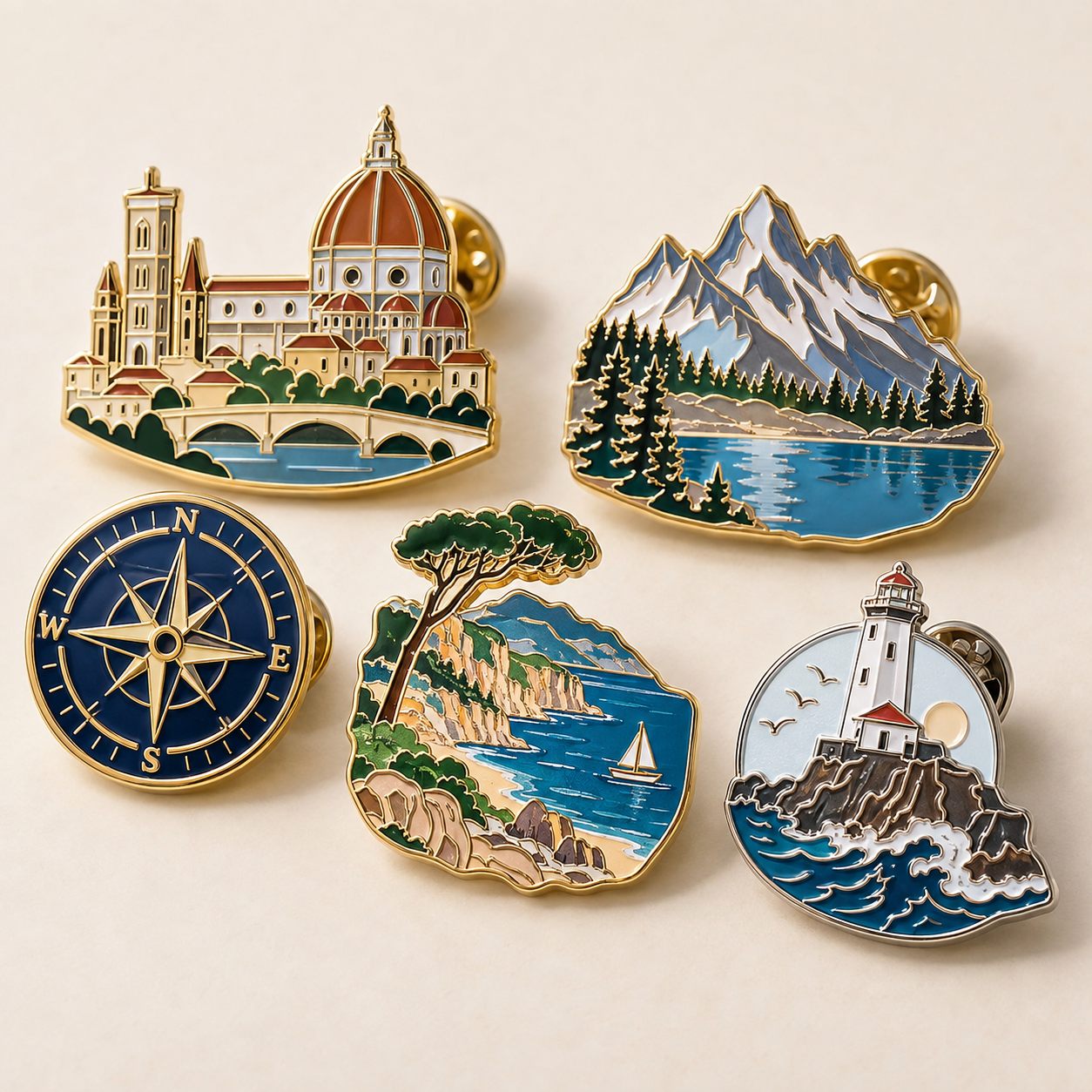 Custom destination-inspired hard enamel pin collection