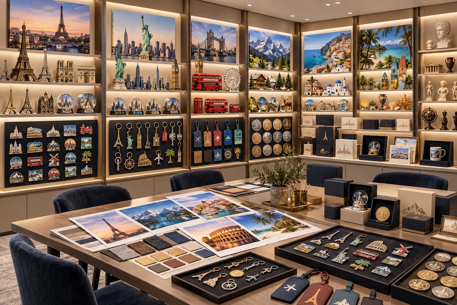 International souvenir sample room with destination products and retail packaging