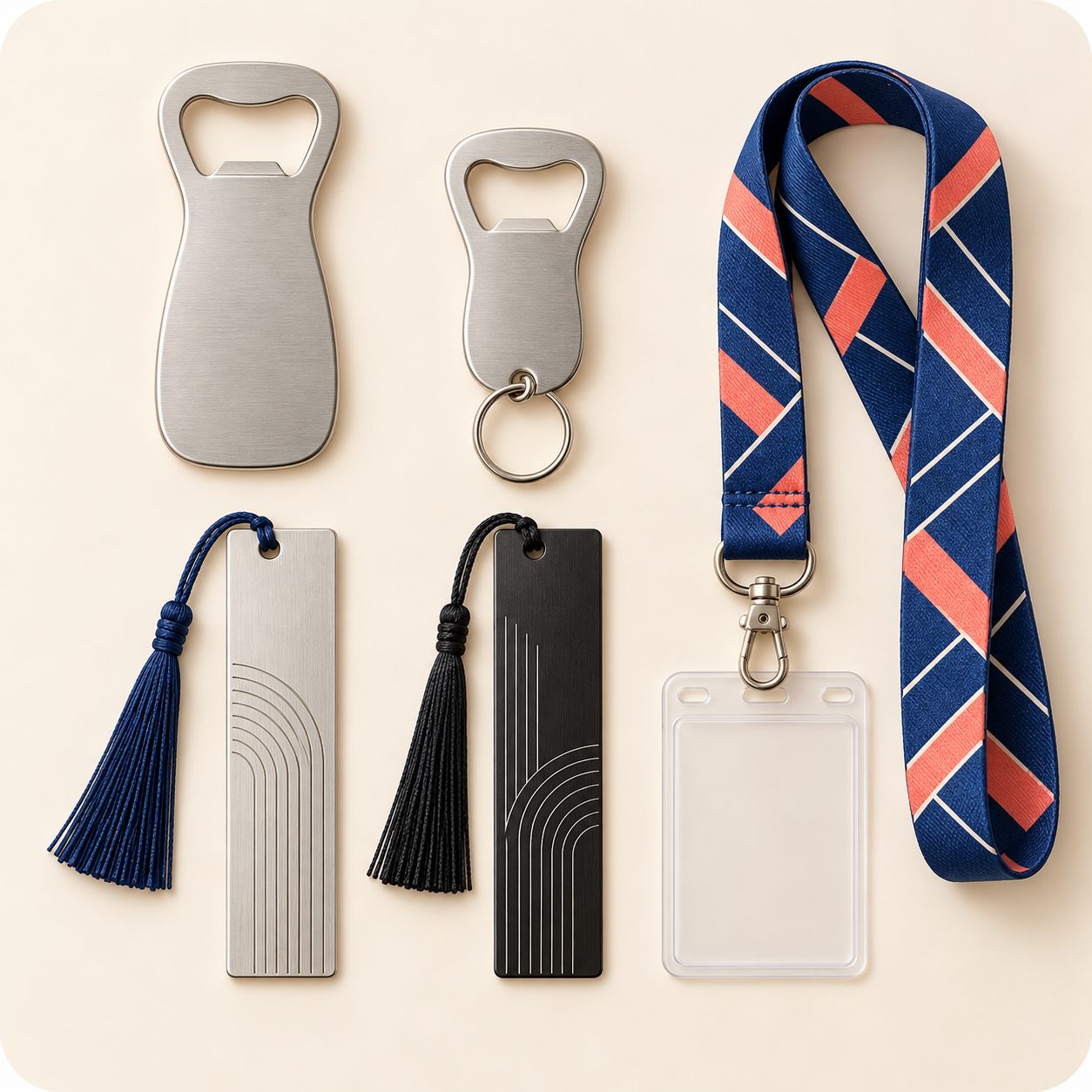 Original bottle opener, lanyard and bookmark products arranged in a clean flat-lay display