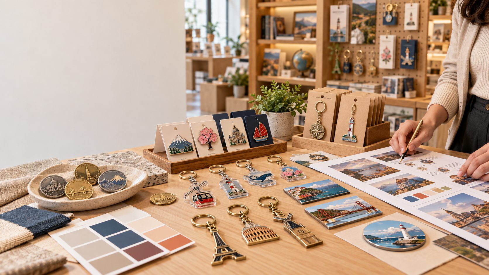 Gift shop buyer planning custom souvenir products for a destination collection