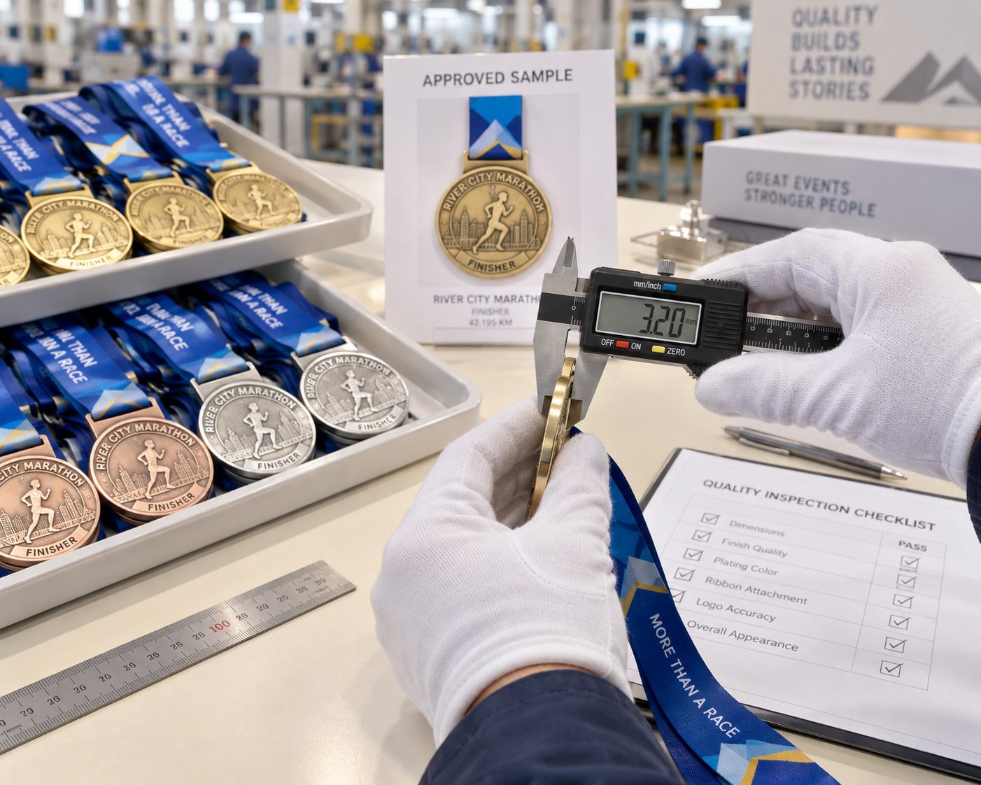 Gloved inspector measuring custom medal thickness with a digital caliper
