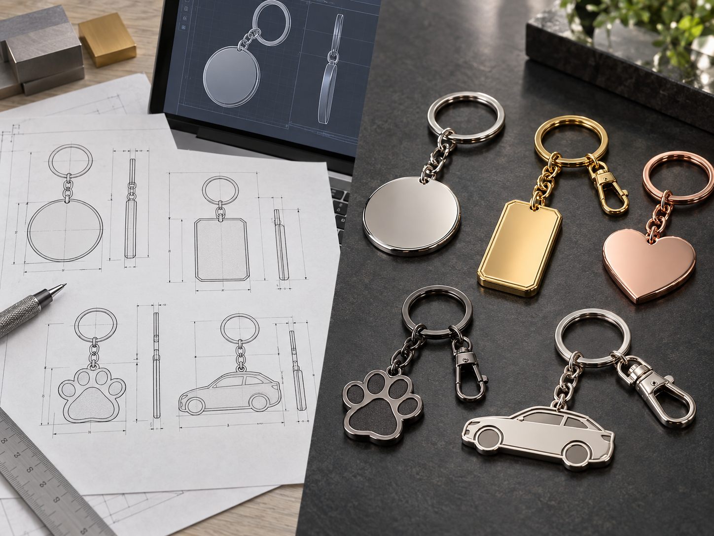 Metal keychain technical drawings and finished samples