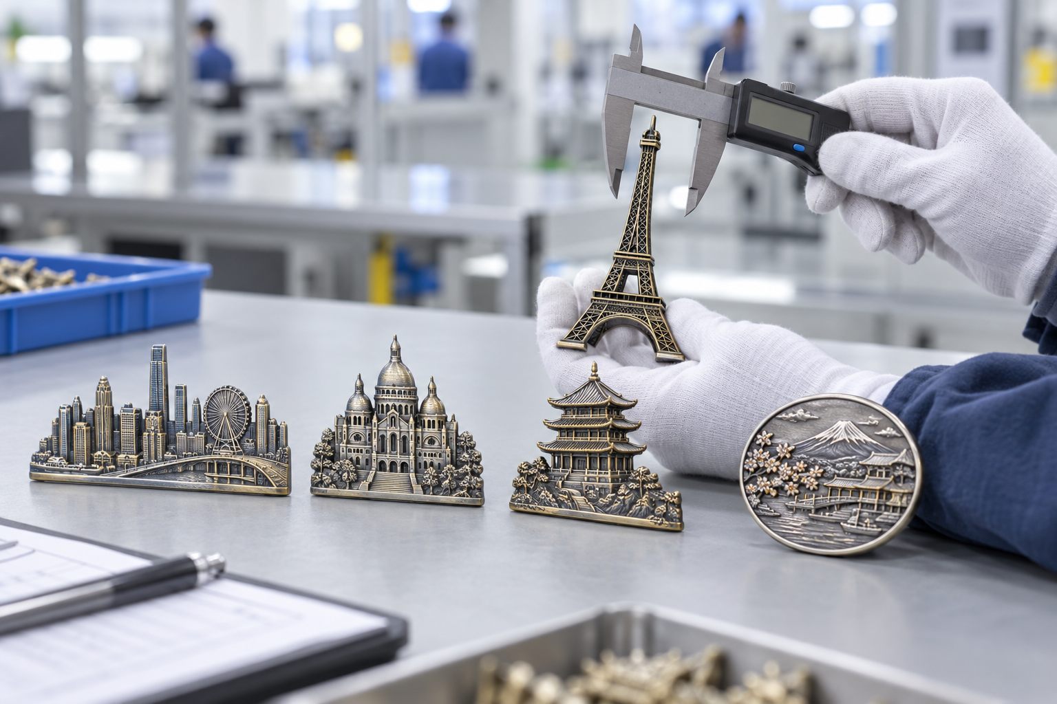 Quality inspection of die-cast metal landmark fridge magnets