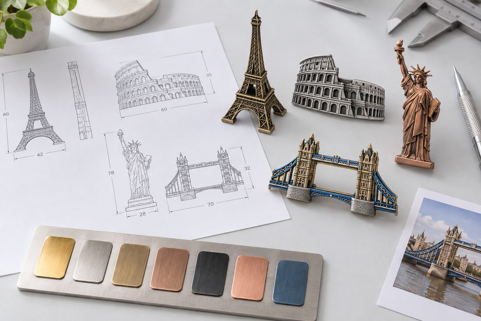 Technical drawings and prototypes for custom metal landmark magnets