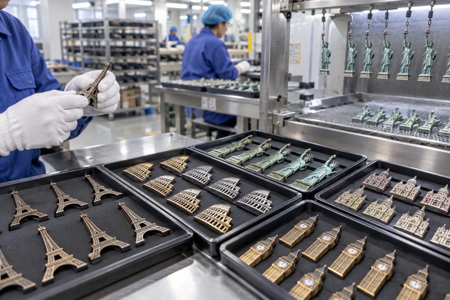 Production and finishing line for metal landmark fridge magnets