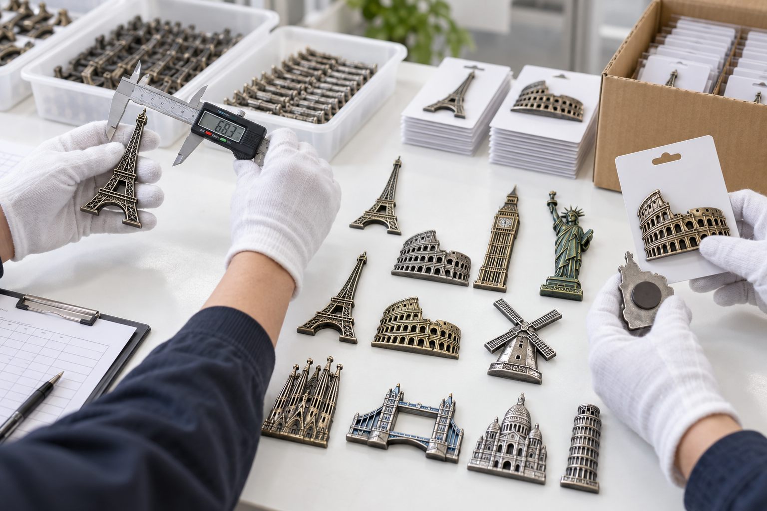 Pre-shipment inspection of a bulk order of metal landmark fridge magnets
