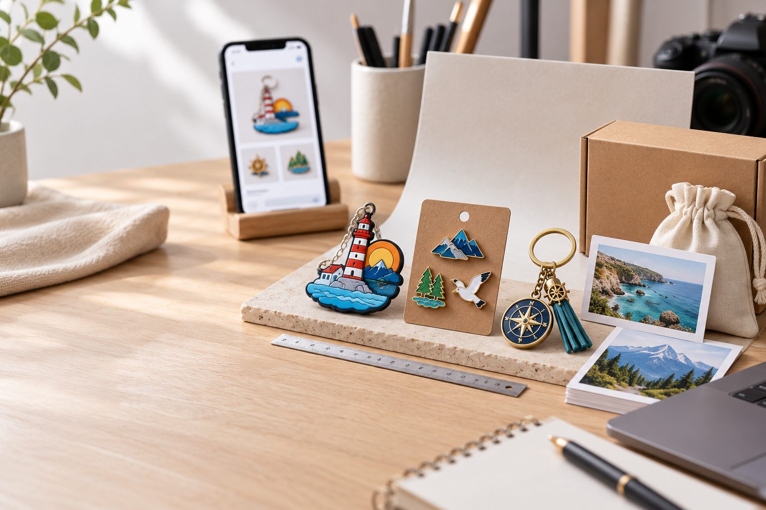 Online shop product content kit with scale, packaging and destination products