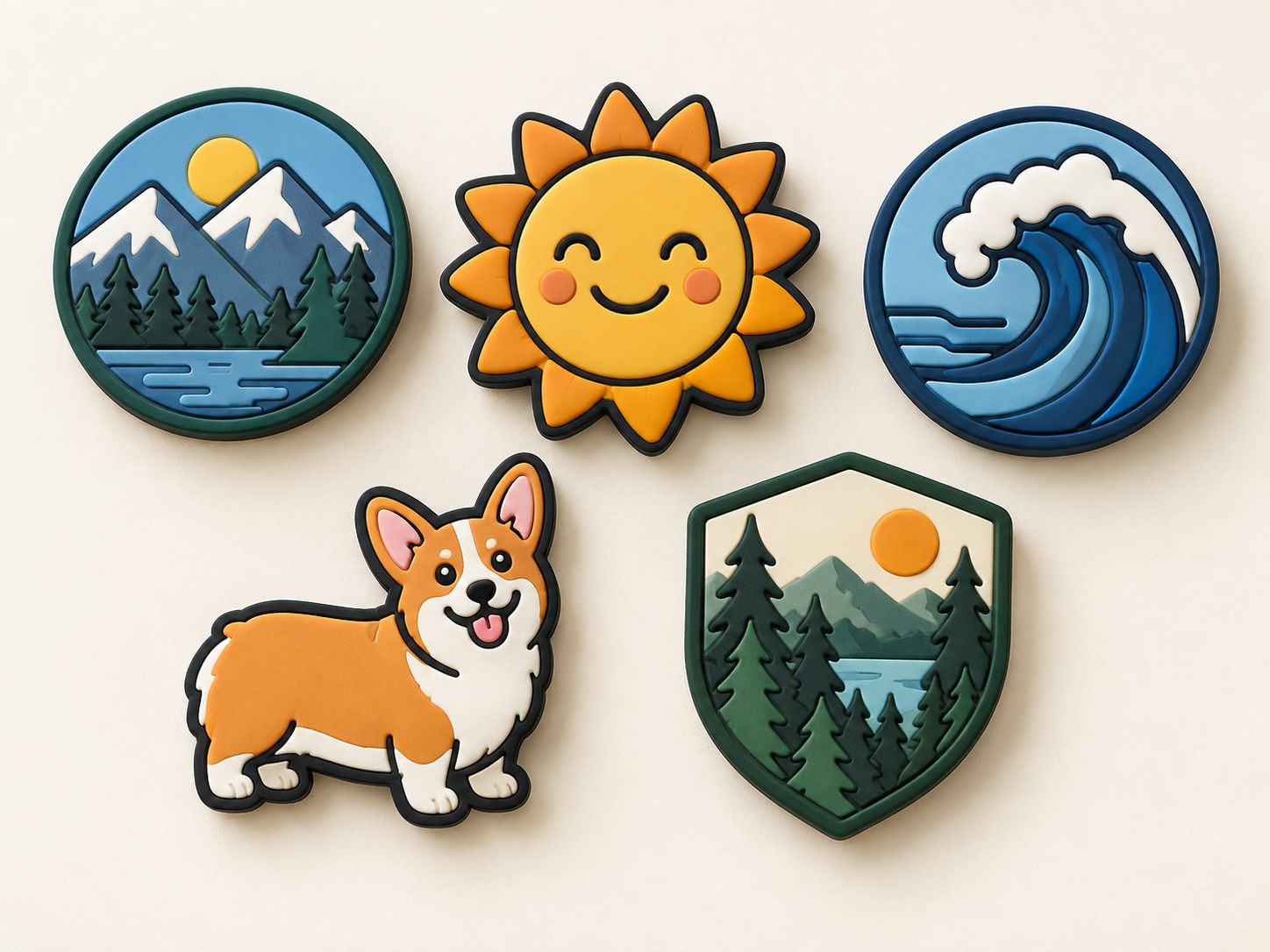 Five classic 2D raised soft PVC fridge magnets with bold icon outlines