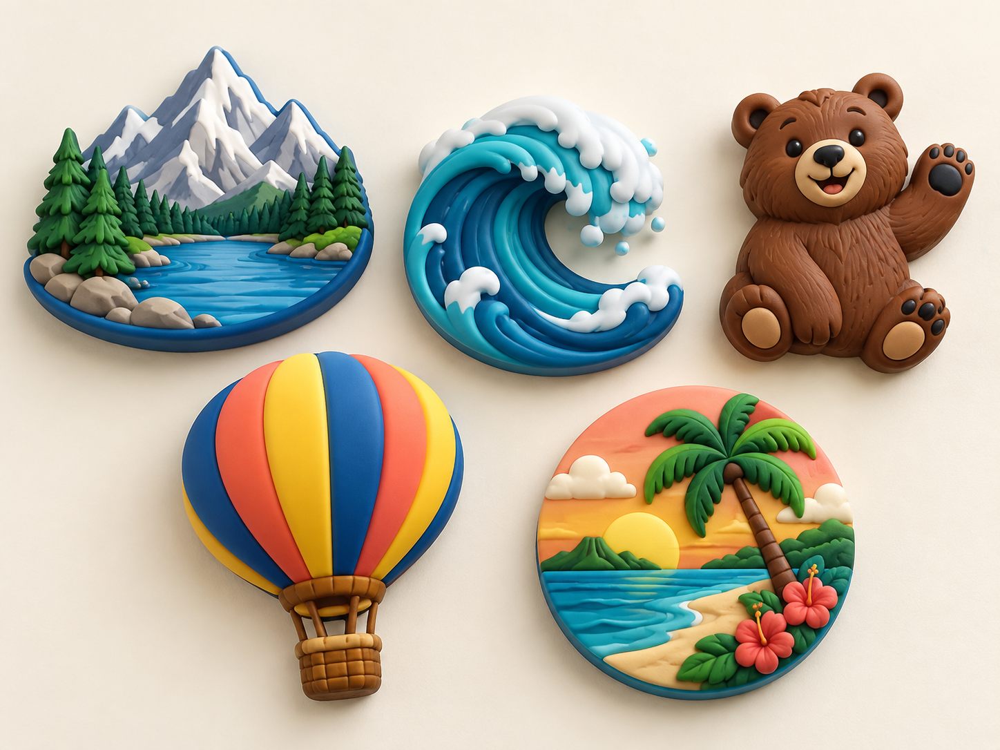 Five 3D molded PVC fridge magnets with rounded relief and dimensional colour details