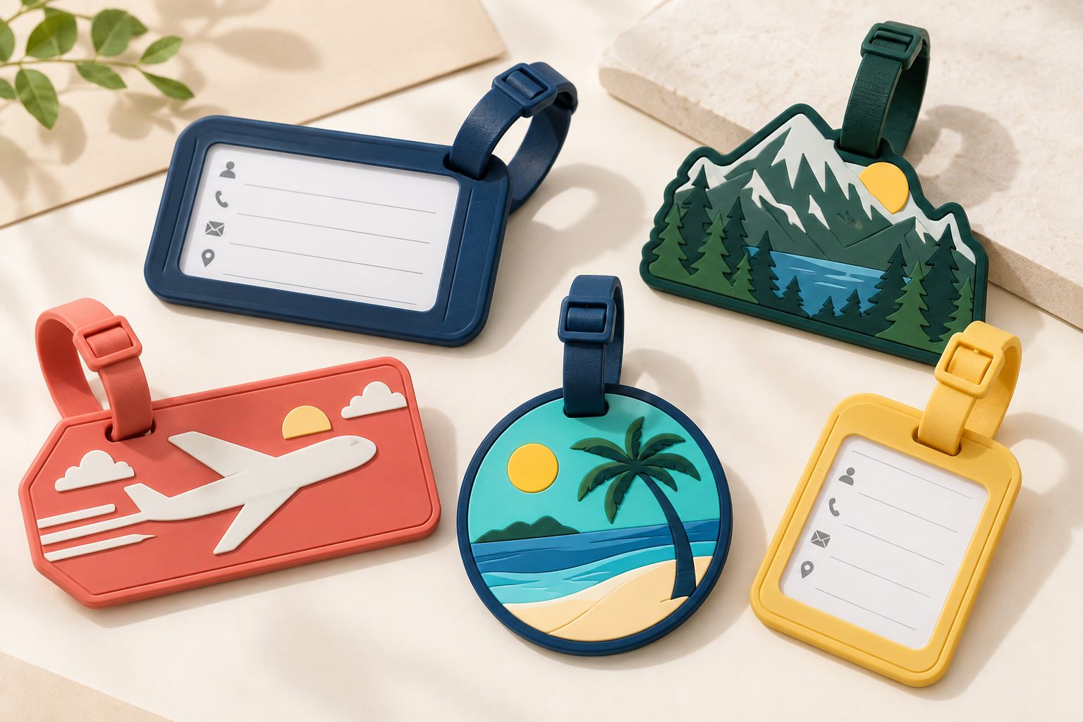 Collection of custom PVC luggage tags with straps and writable ID panels