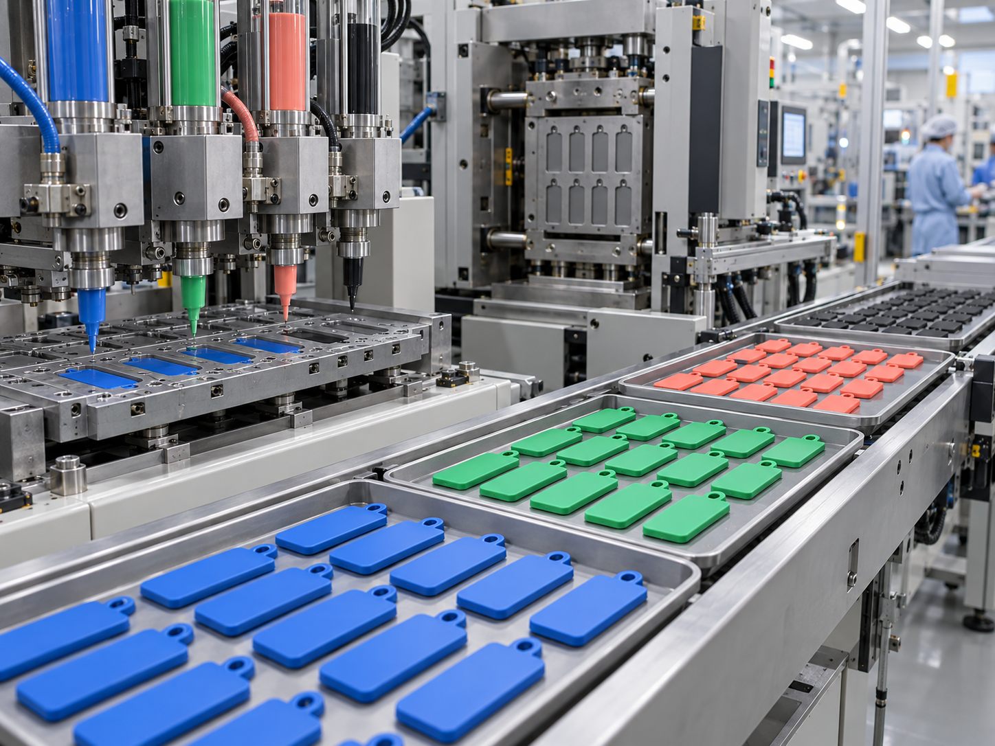PVC tag production line with molded tags on trays