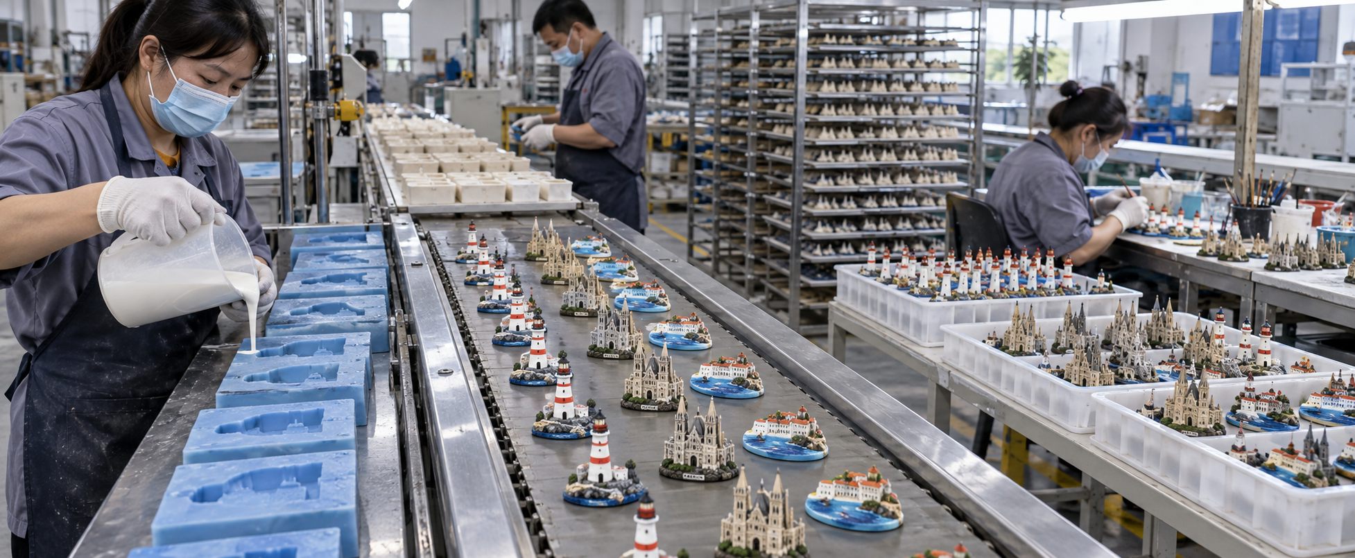 Polyresin landmark magnets moving along a factory production line from molding to hand finishing