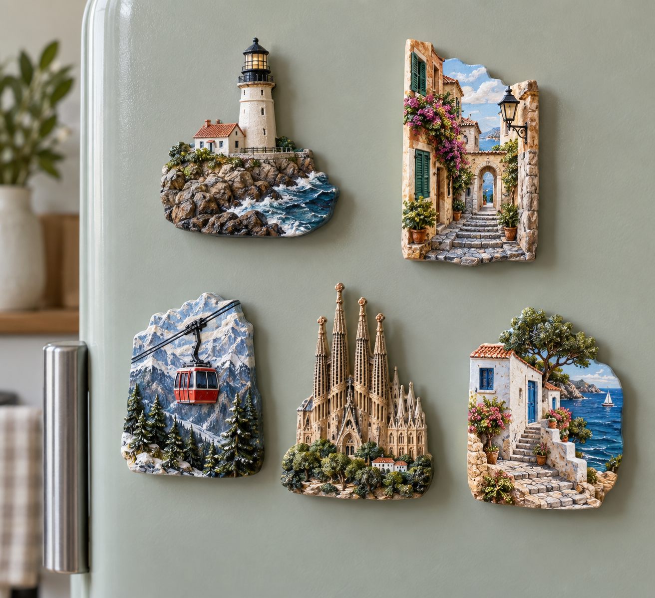 Five dimensional polyresin landmark fridge magnets displayed as a retail range