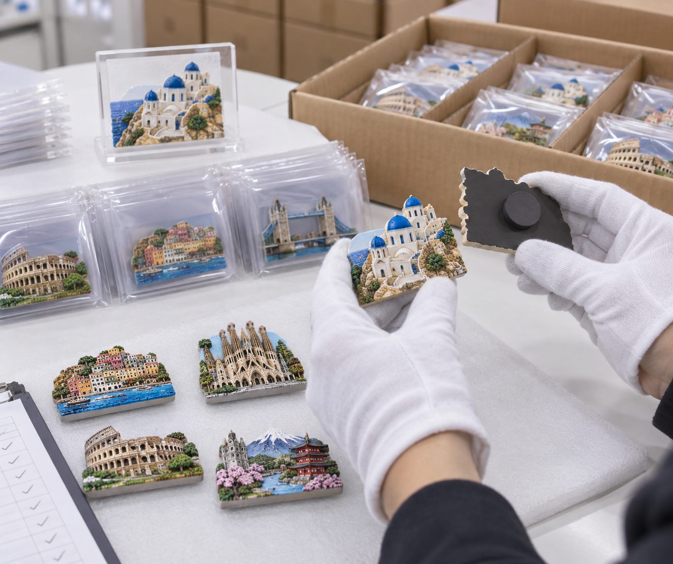 Pre-shipment check of resin landmark magnet artwork, backing and packing
