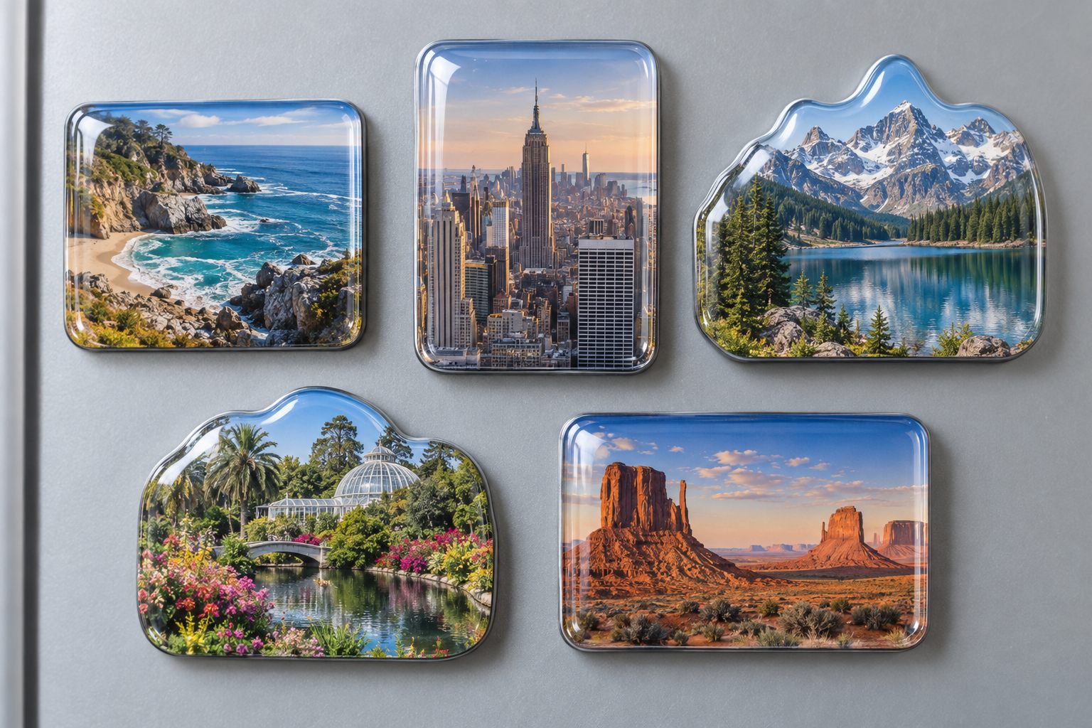Five glossy resin-dome scenic photo magnets showing coast, city, mountain, garden and desert views