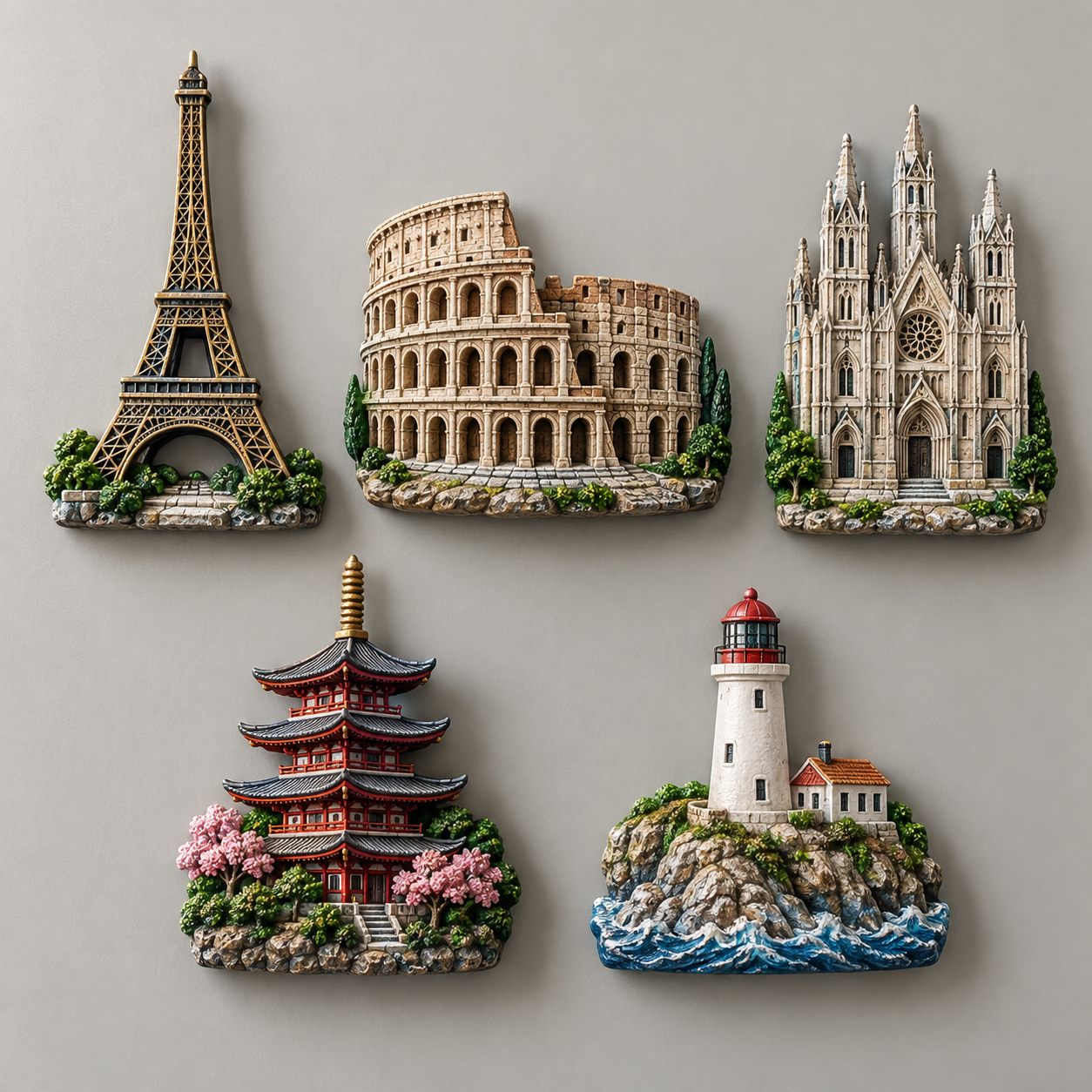 Five sculpted polyresin landmark magnets including a tower, cathedral, pagoda and lighthouse