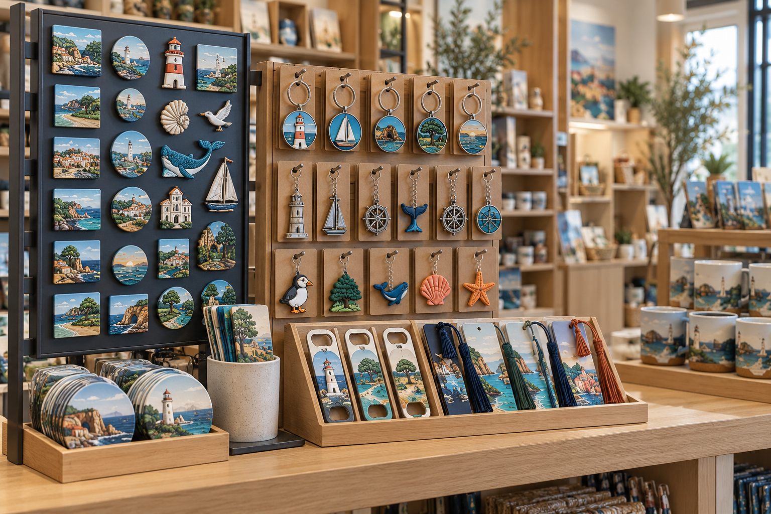 Organised gift shop wholesale display with magnets, keychains and functional gifts